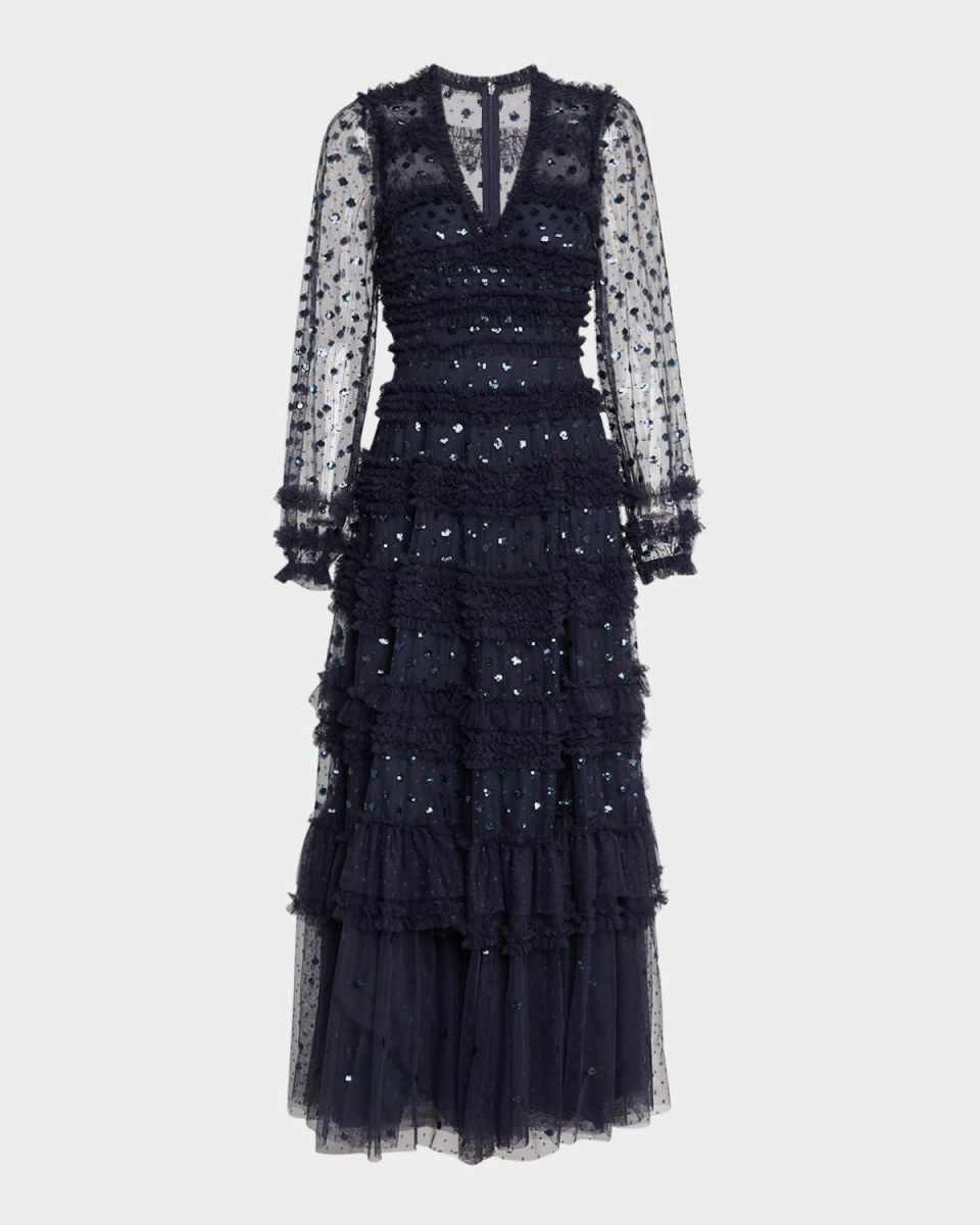 Vivian Tiered Ruffle-Trim Sequin Ankle Gown